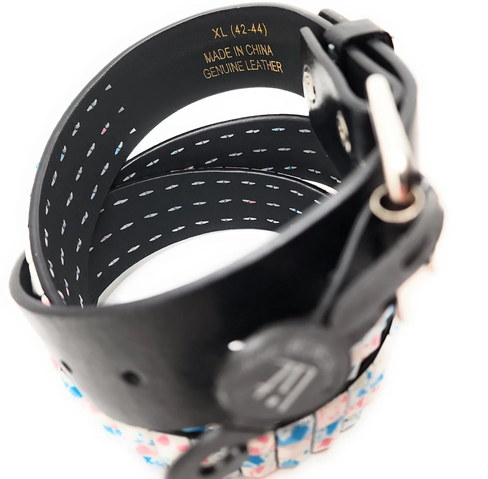 White Pink Blue Paint Spatter Pyramid Studded Leather Belt Punk
