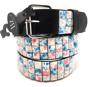 White Pink Blue Paint Spatter Pyramid Studded Leather Belt Punk