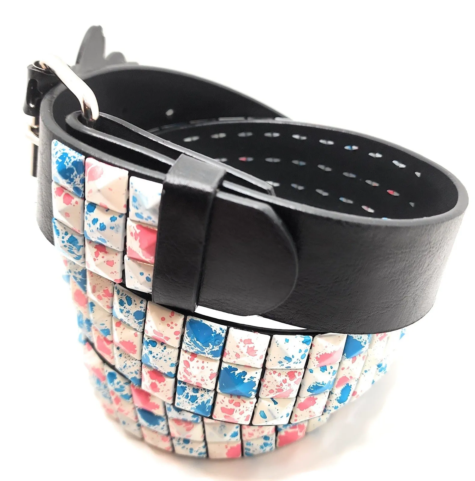 White Pink Blue Paint Spatter Pyramid Studded Leather Belt Punk
