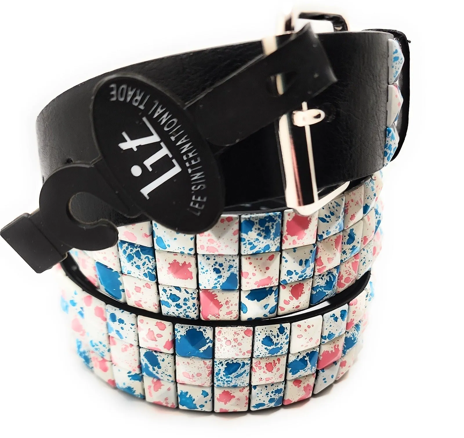 White Pink Blue Paint Spatter Pyramid Studded Leather Belt Punk