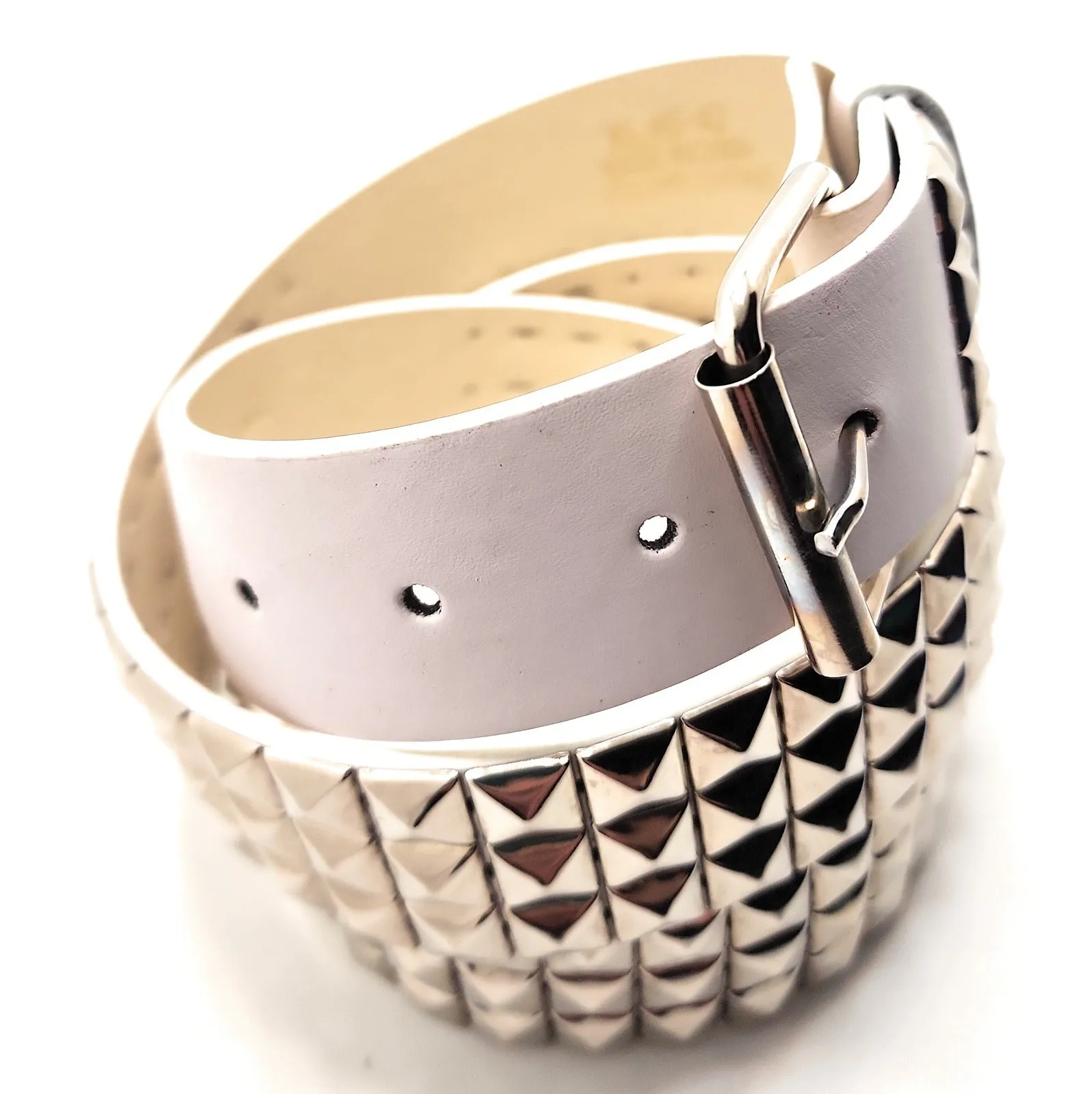 White Silver Pyramid Studded Leather Belt Punk
