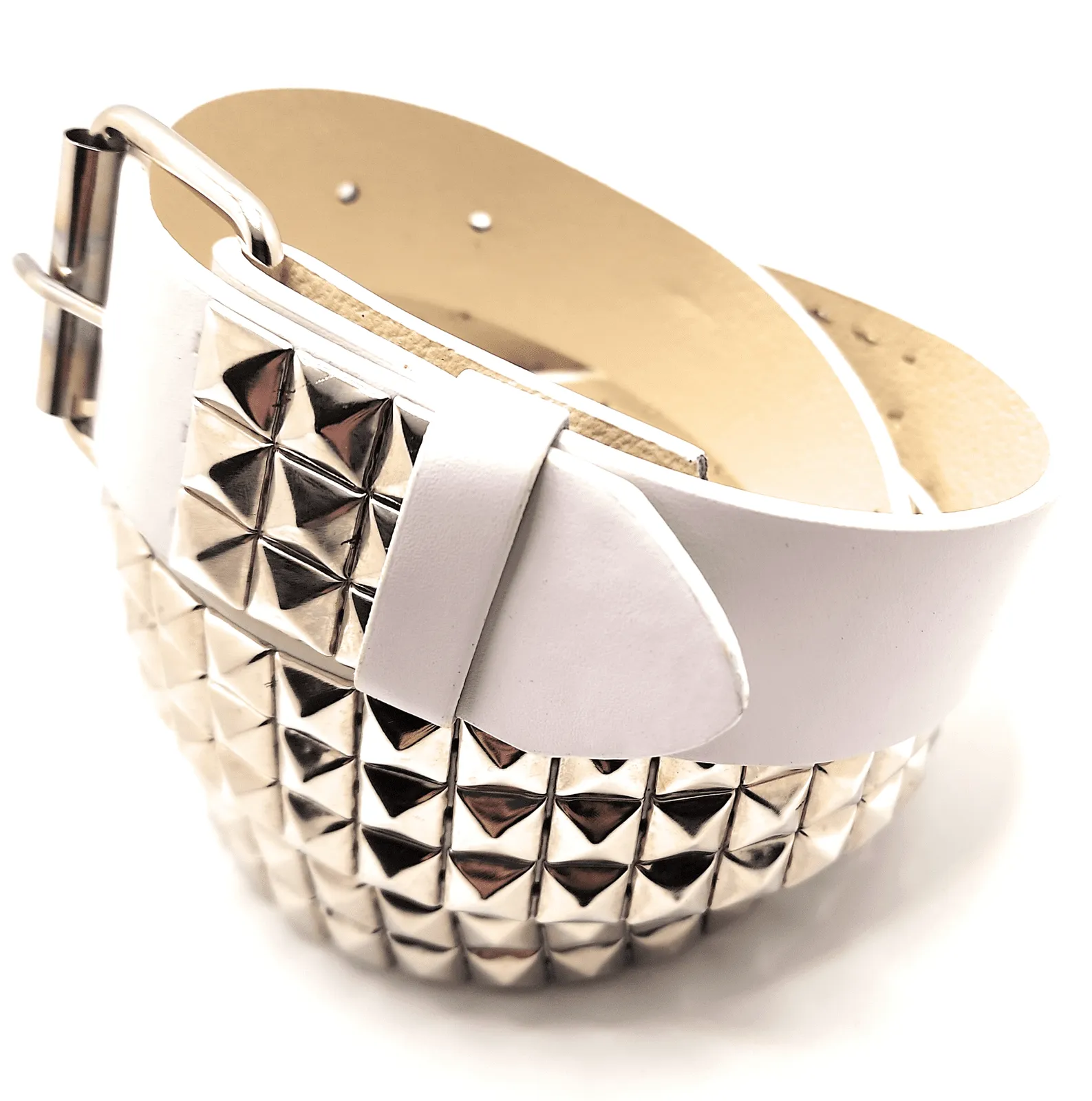 White Silver Pyramid Studded Leather Belt Punk