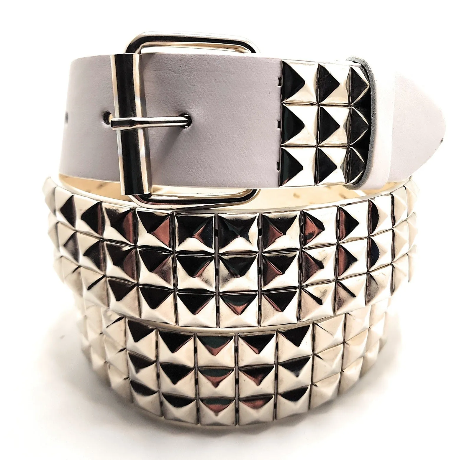 White Silver Pyramid Studded Leather Belt Punk