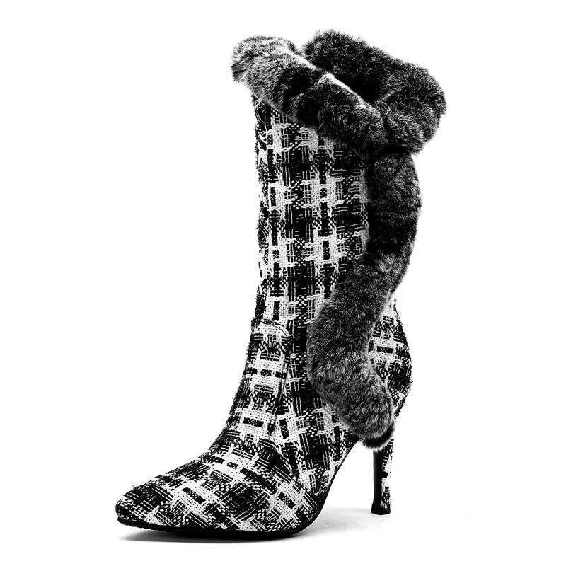 Winter Genuine Leather Fur Mid-calf Boots Women Warm Thin Heels Shoes Female Stripe Lattice Rabbit Hair Snow Boots WB1506