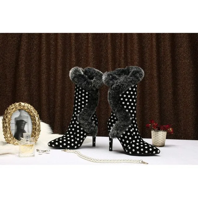 Winter Genuine Leather Fur Mid-calf Boots Women Warm Thin Heels Shoes Female Stripe Lattice Rabbit Hair Snow Boots WB1506