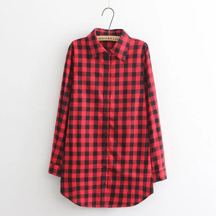Women Blouses Long Shirts Single Breasted Plaid Cotton Shirt Wild Casual Streetwear Shirt Women Plus Size Blouse BE66