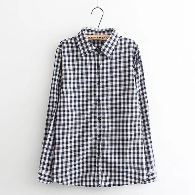 Women Blouses Long Shirts Single Breasted Plaid Cotton Shirt Wild Casual Streetwear Shirt Women Plus Size Blouse BE66