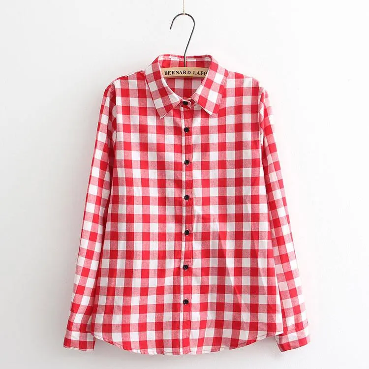 Women Blouses Long Shirts Single Breasted Plaid Cotton Shirt Wild Casual Streetwear Shirt Women Plus Size Blouse BE66