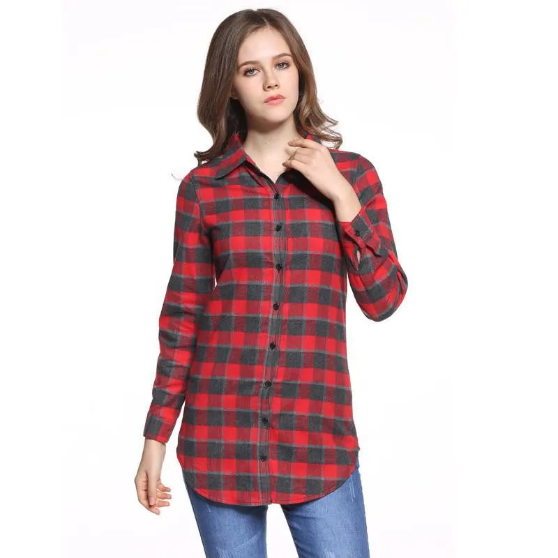 Women Blouses Long Shirts Single Breasted Plaid Cotton Shirt Wild Casual Streetwear Shirt Women Plus Size Blouse BE66