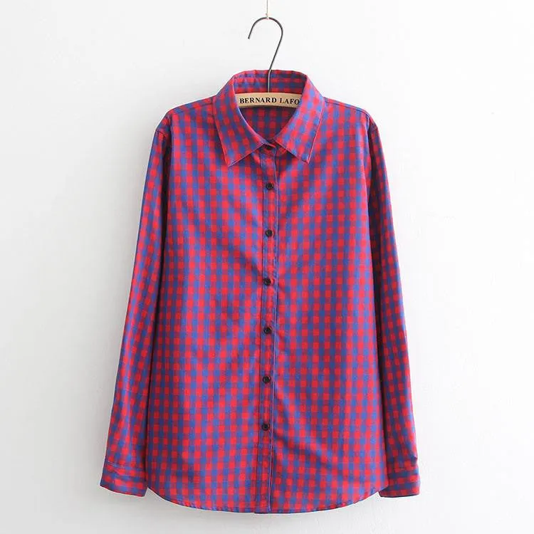 Women Blouses Long Shirts Single Breasted Plaid Cotton Shirt Wild Casual Streetwear Shirt Women Plus Size Blouse BE66