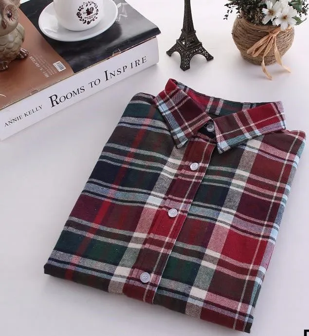 Women Blouses Long Sleeve Cotton Flannel Plaid Shirts Women Casual Plus Size Shirt 20Color