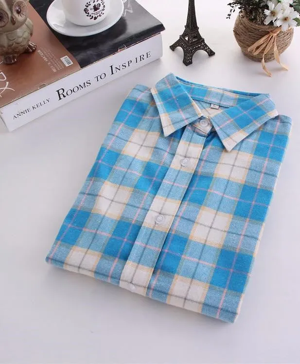 Women Blouses Long Sleeve Cotton Flannel Plaid Shirts Women Casual Plus Size Shirt 20Color