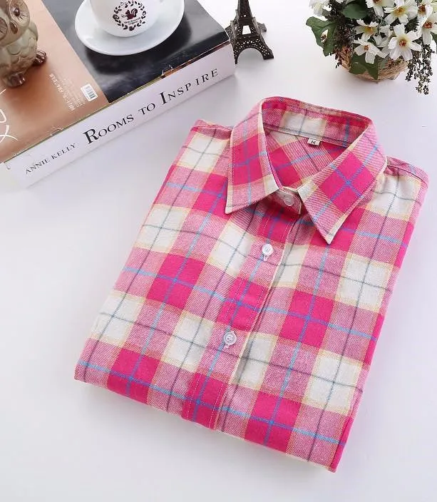 Women Blouses Long Sleeve Cotton Flannel Plaid Shirts Women Casual Plus Size Shirt 20Color
