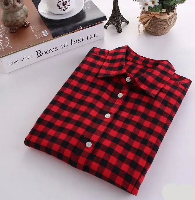 Women Blouses Long Sleeve Cotton Flannel Plaid Shirts Women Casual Plus Size Shirt 20Color