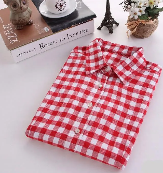 Women Blouses Long Sleeve Cotton Flannel Plaid Shirts Women Casual Plus Size Shirt 20Color