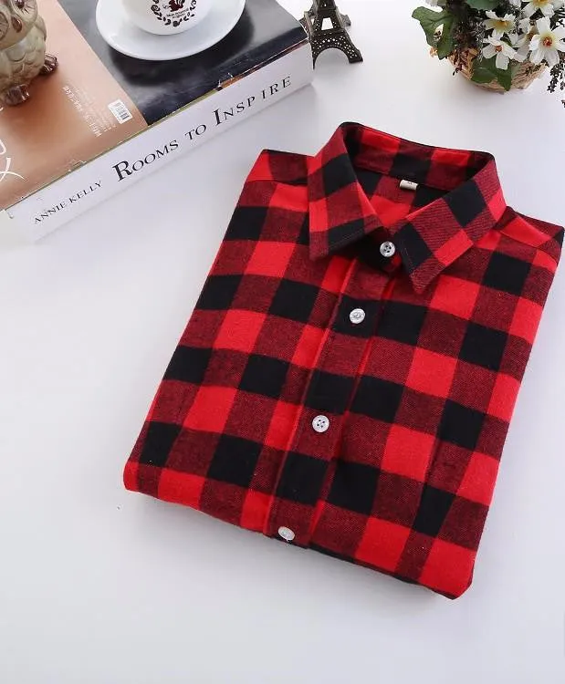 Women Blouses Long Sleeve Cotton Flannel Plaid Shirts Women Casual Plus Size Shirt 20Color