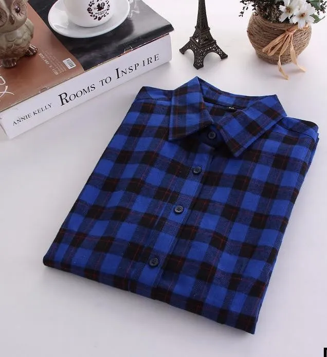 Women Blouses Long Sleeve Cotton Flannel Plaid Shirts Women Casual Plus Size Shirt 20Color