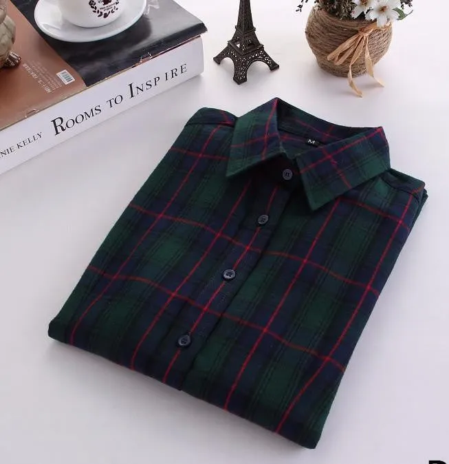 Women Blouses Long Sleeve Cotton Flannel Plaid Shirts Women Casual Plus Size Shirt 20Color