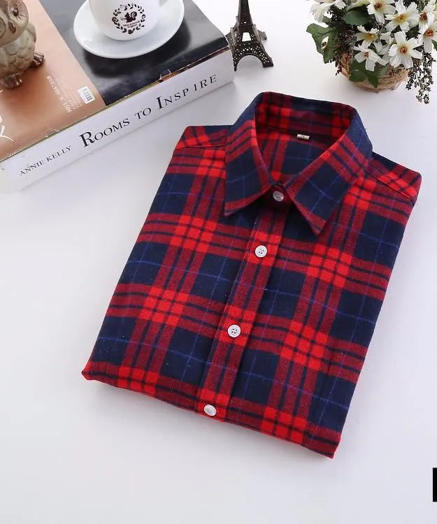 Women Blouses Long Sleeve Cotton Flannel Plaid Shirts Women Casual Plus Size Shirt 20Color
