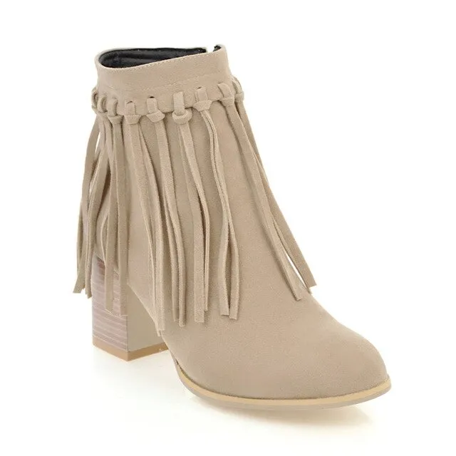 Women fringe round toe ankle boots