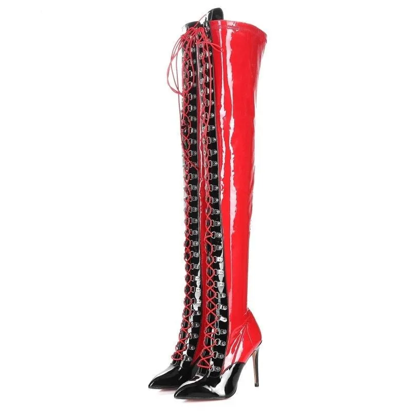 Women Lace Up Stiletto Party Thigh High Boots