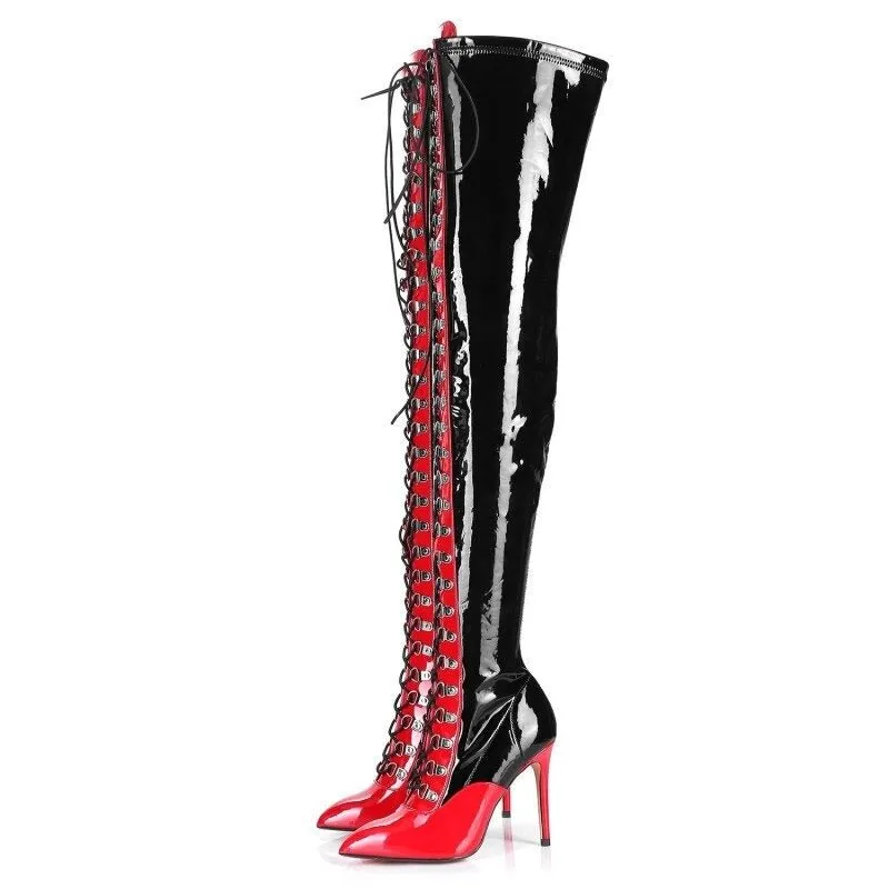 Women Lace Up Stiletto Party Thigh High Boots