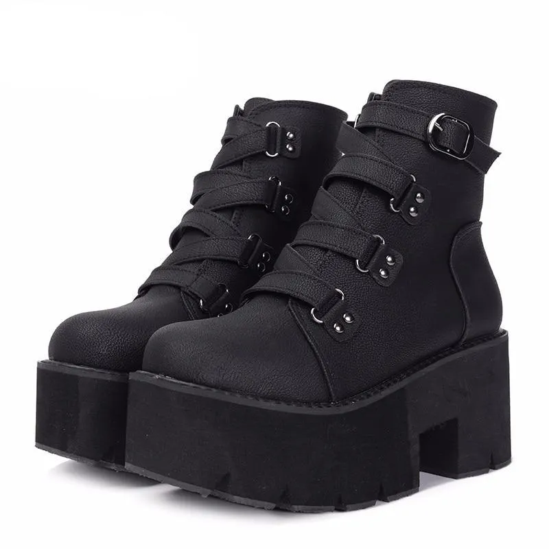 Women Platform Boots Rubber Sole Buckle High Heels Shoes