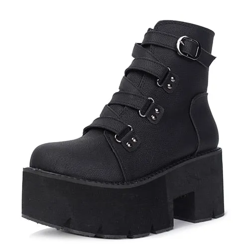 Women Platform Boots Rubber Sole Buckle High Heels Shoes