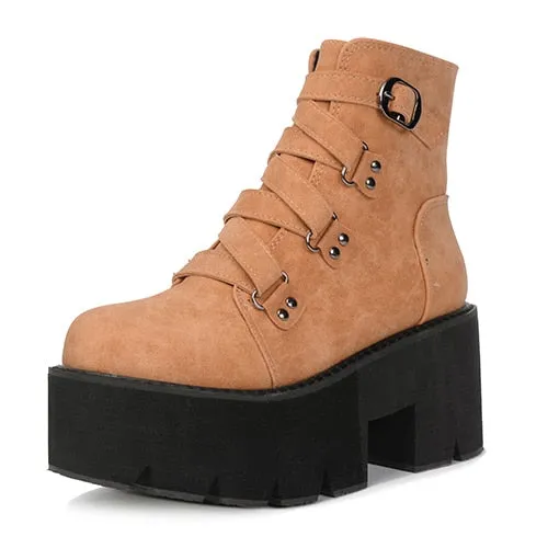 Women Platform Boots Rubber Sole Buckle High Heels Shoes