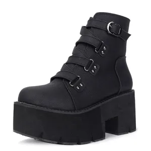 Women Platform Boots Rubber Sole Buckle High Heels Shoes