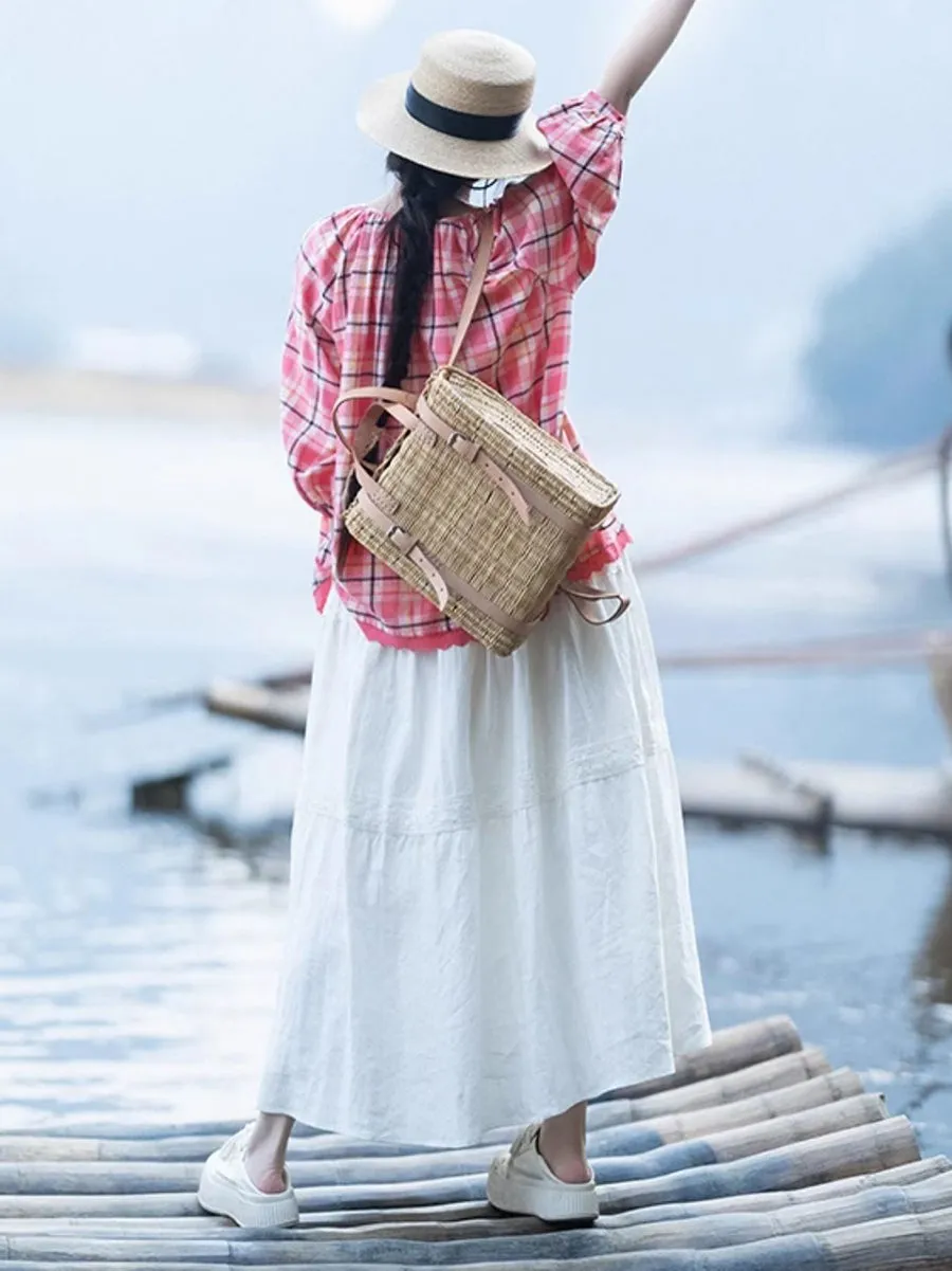 Women Spring Cotton Plaid Lace O-Neck Shirt