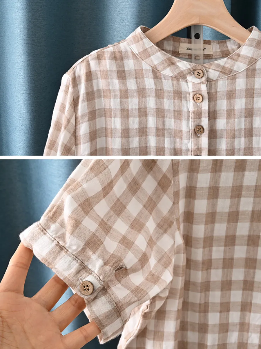 Women Summer Artsy Lattice Stand Collar 100%Cotton Shirt