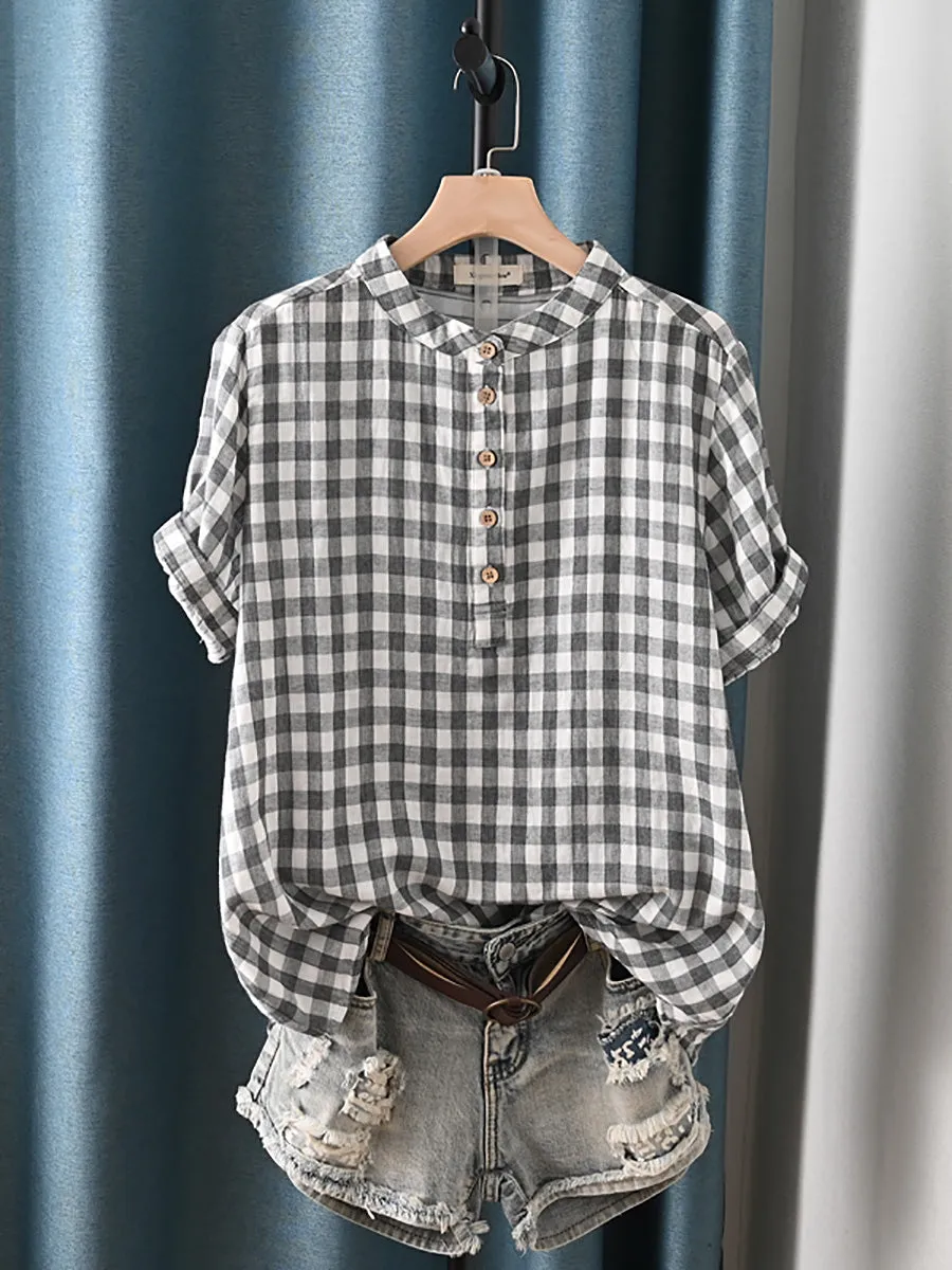 Women Summer Artsy Lattice Stand Collar 100%Cotton Shirt