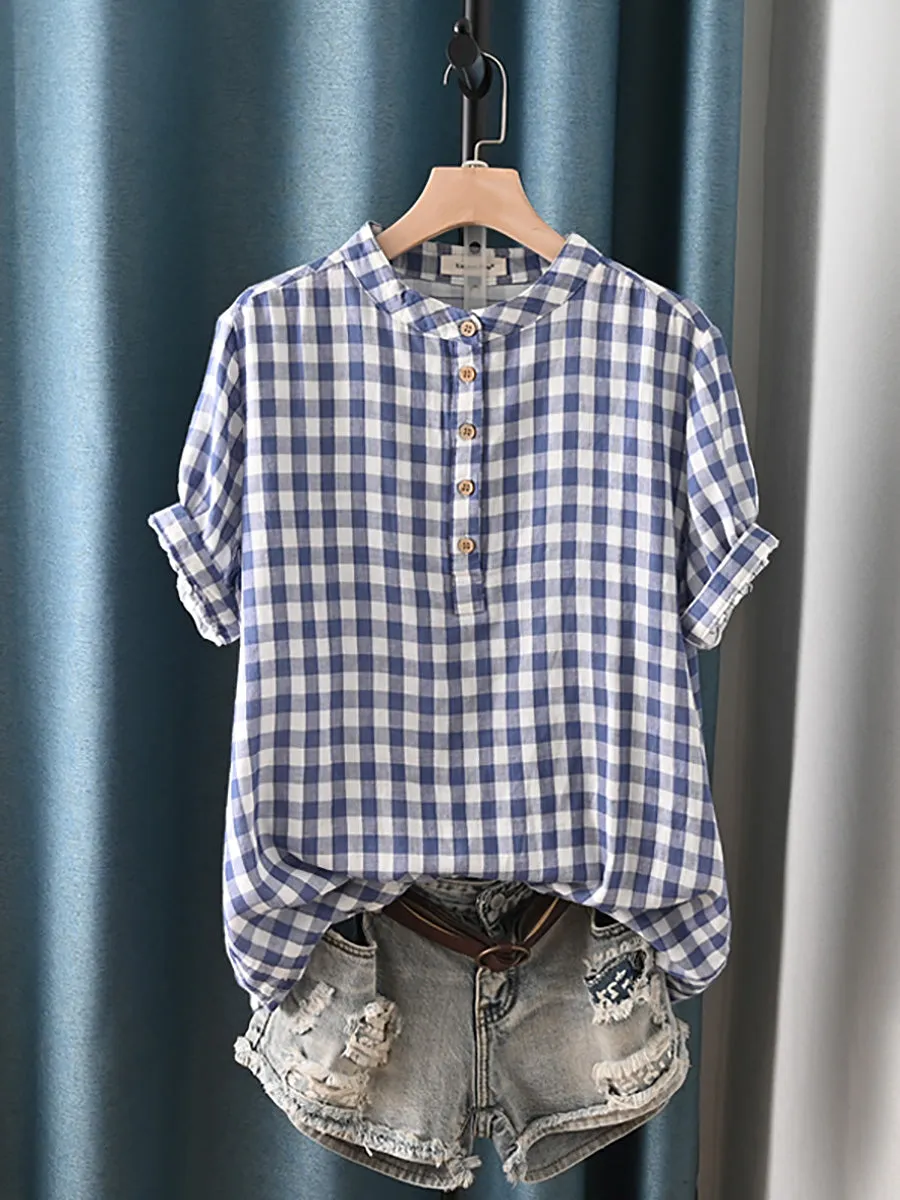 Women Summer Artsy Lattice Stand Collar 100%Cotton Shirt