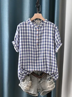 Women Summer Artsy Lattice Stand Collar 100%Cotton Shirt