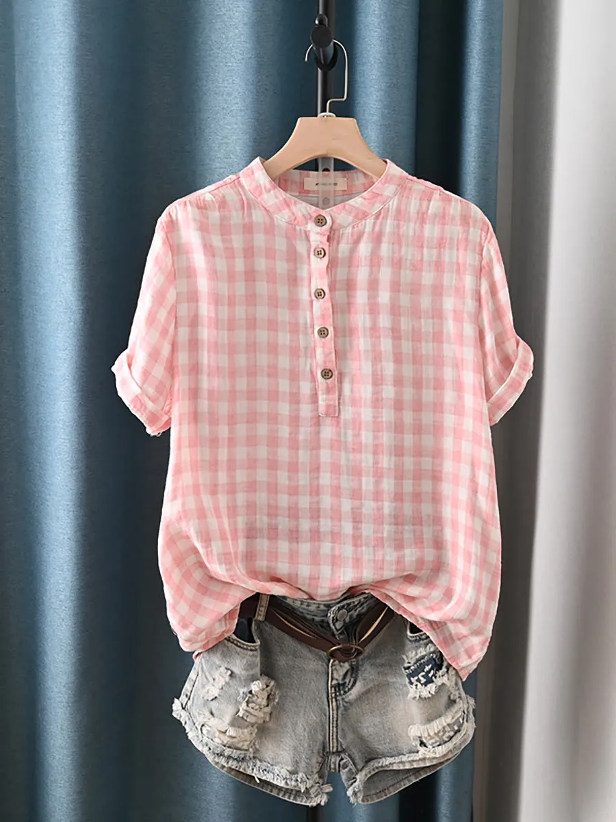 Women Summer Artsy Lattice Stand Collar 100%Cotton Shirt