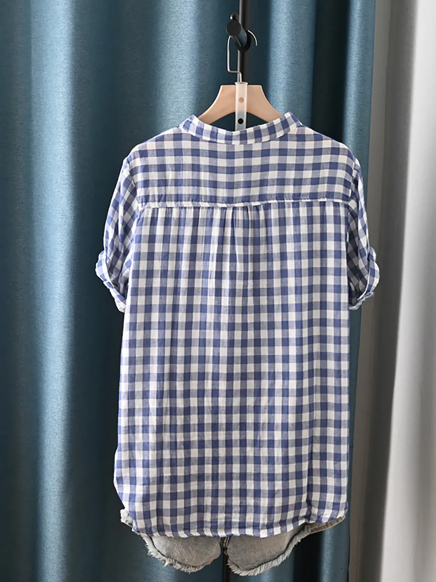 Women Summer Artsy Lattice Stand Collar 100%Cotton Shirt