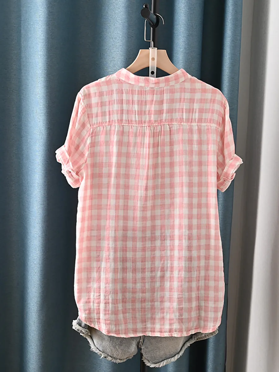 Women Summer Artsy Lattice Stand Collar 100%Cotton Shirt