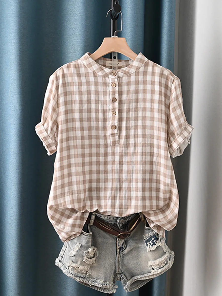 Women Summer Artsy Lattice Stand Collar 100%Cotton Shirt