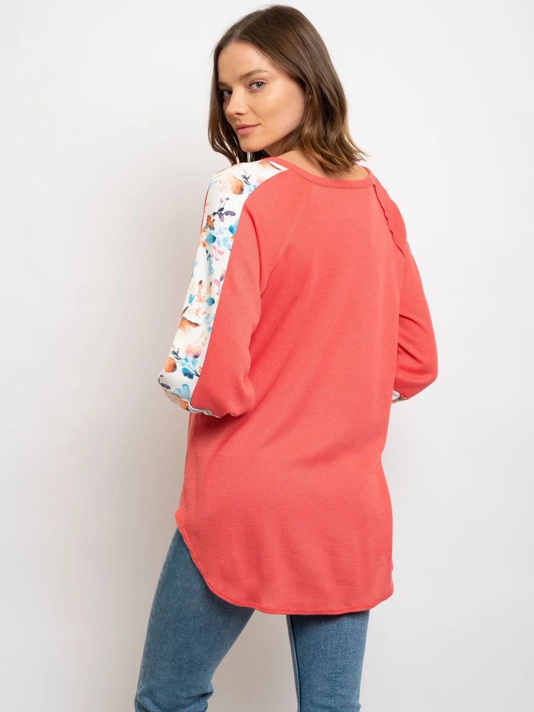 WOMEN'S 3/4 FLORAL SLEEVES V-NECK TUNIC TOP