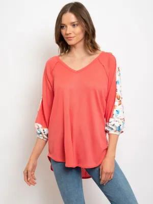WOMEN'S 3/4 FLORAL SLEEVES V-NECK TUNIC TOP