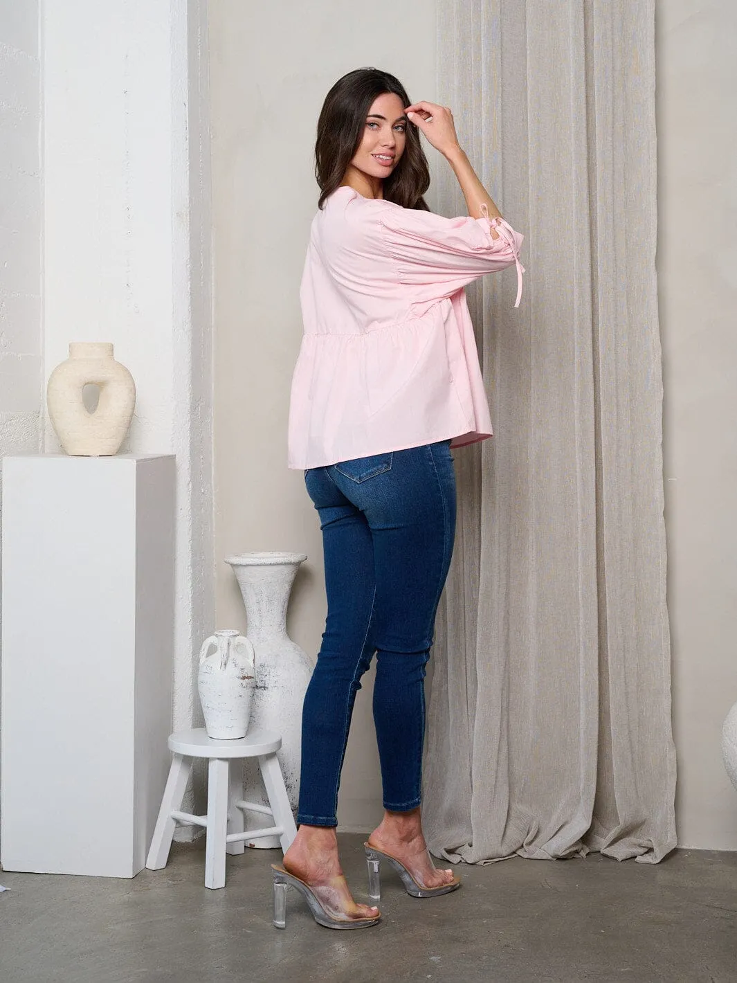 WOMEN'S 3/4 SLEEVE FRONT TIE TUNIC TOP