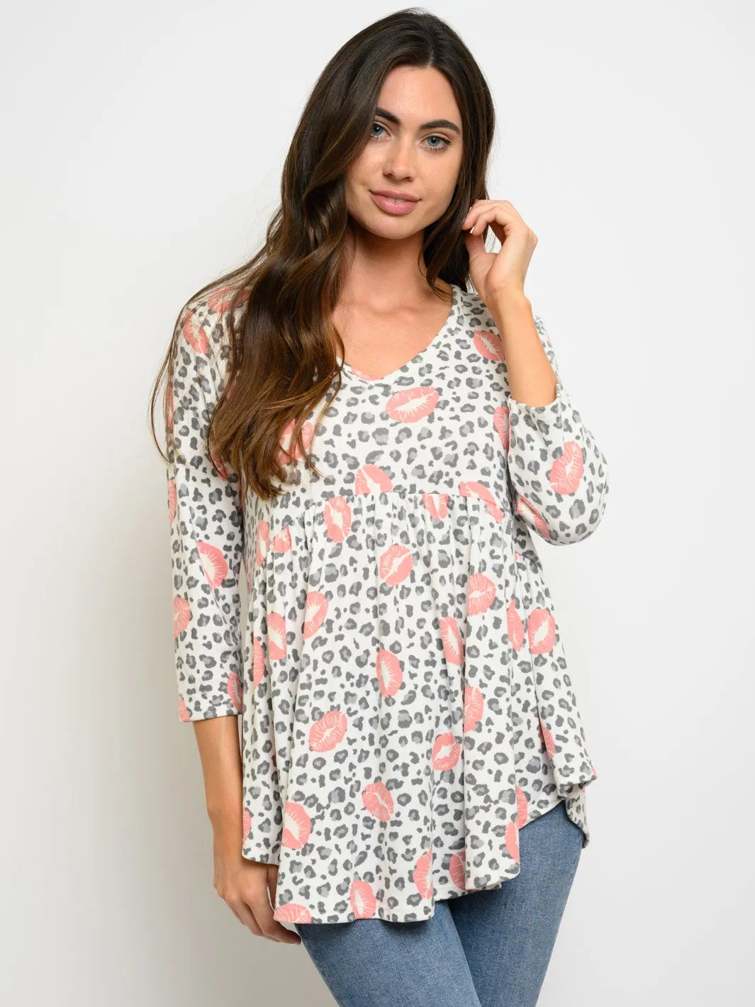WOMEN'S 3/4 SLEEVE LIPS PRINT TUNIC TOP