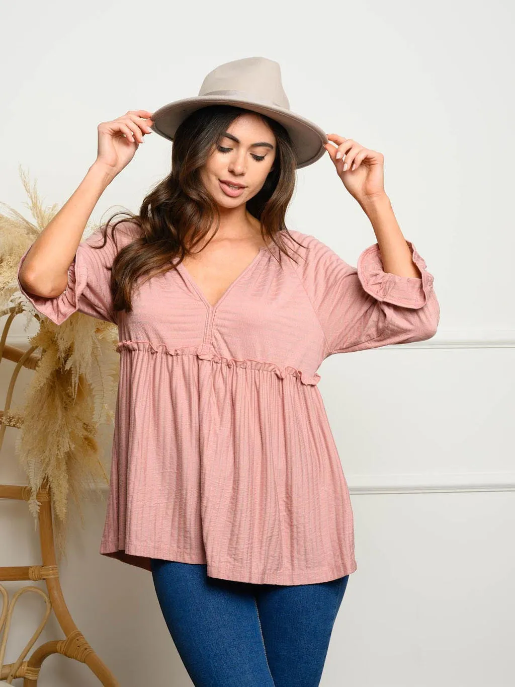 WOMEN'S 3/4 SLEEVE V-NECK BABYDOLL TOP