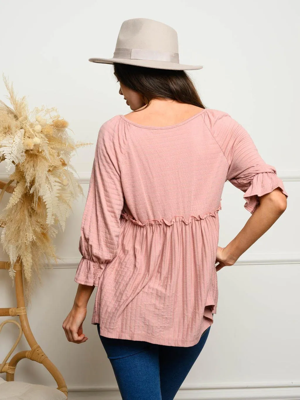 WOMEN'S 3/4 SLEEVE V-NECK BABYDOLL TOP