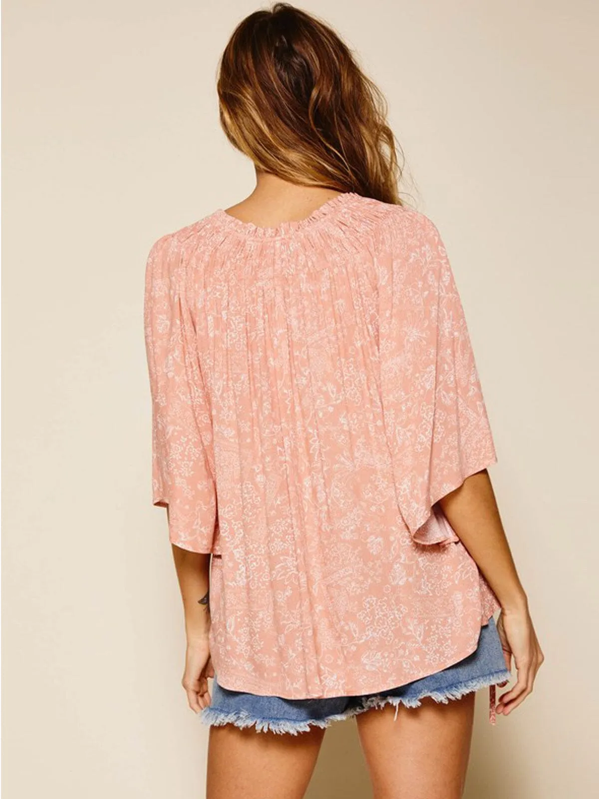 WOMEN'S 3/4 SLEEVE V-NECK FLORAL TUNIC TOP