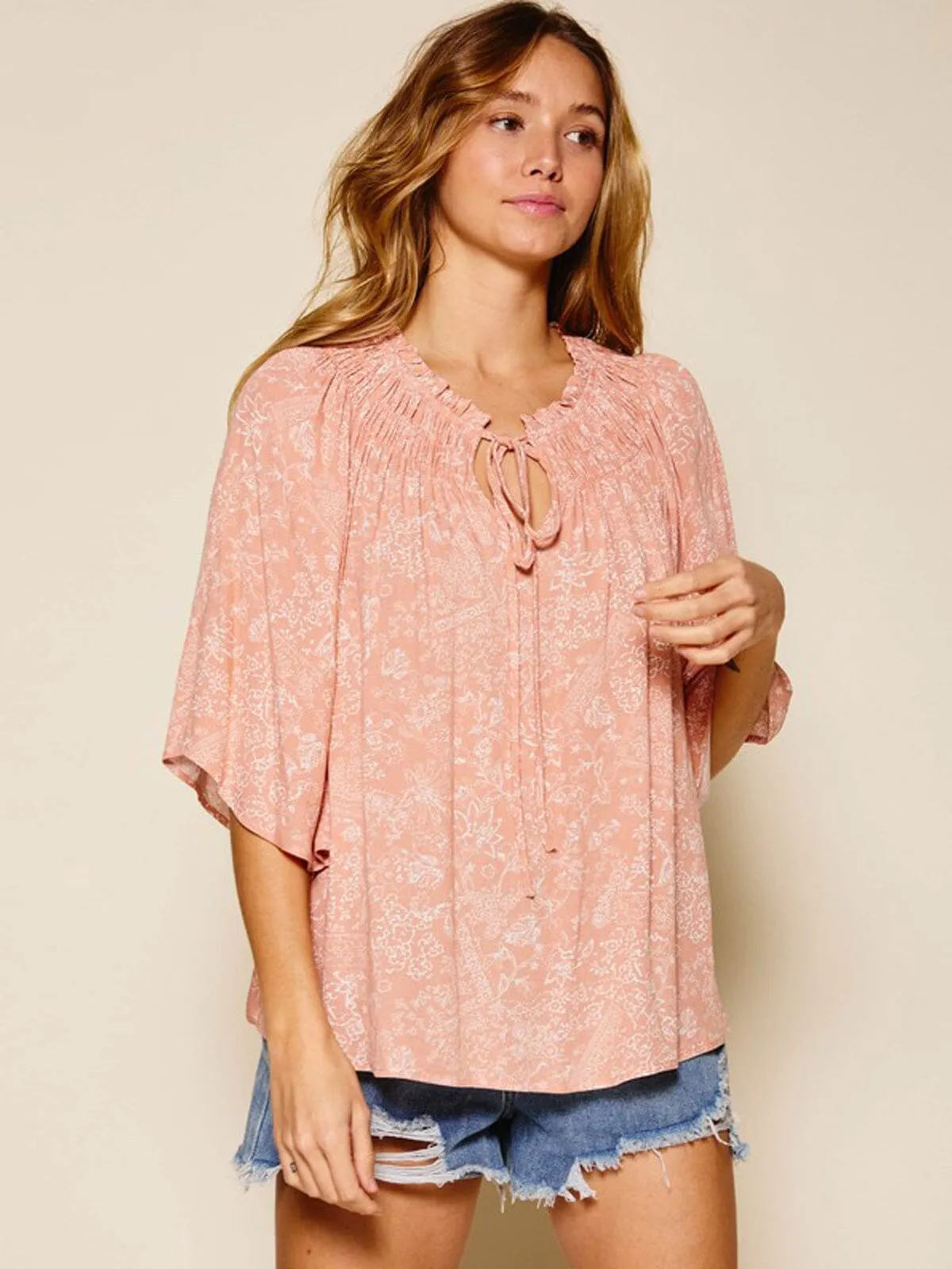 WOMEN'S 3/4 SLEEVE V-NECK FLORAL TUNIC TOP