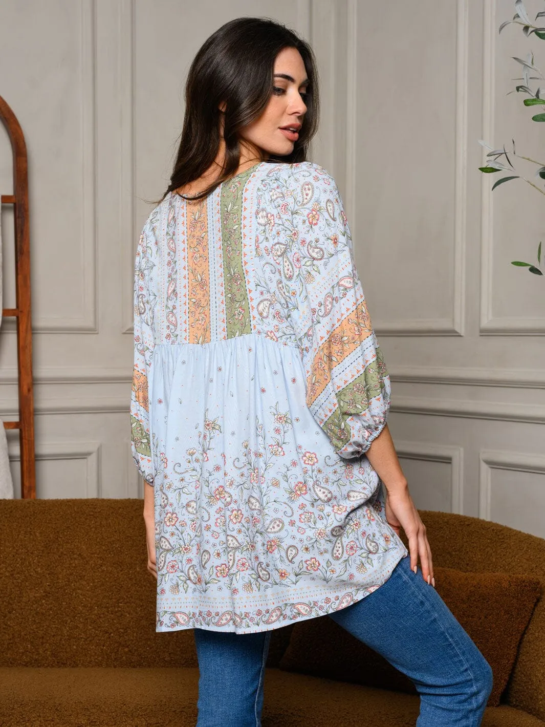 WOMEN'S 3/4 SLEEVE V-NECK HI-LOW POCKETS FLORAL TUNIC TOP