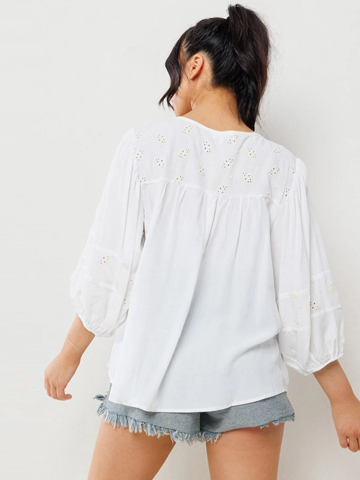 WOMEN'S 3/4 SLEEVES EMBROIDRY FLORAL BLOUSE TOP