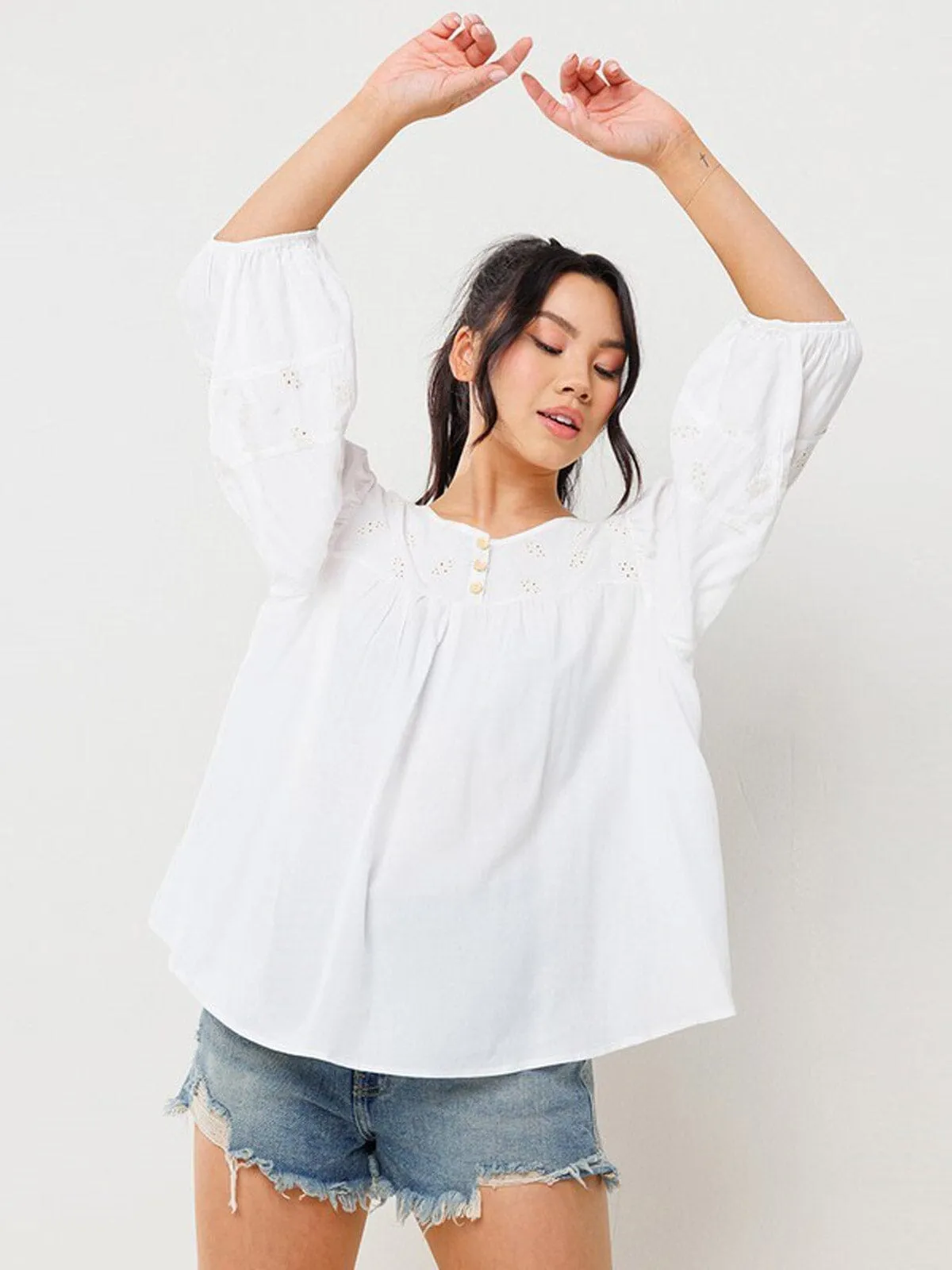 WOMEN'S 3/4 SLEEVES EMBROIDRY FLORAL BLOUSE TOP